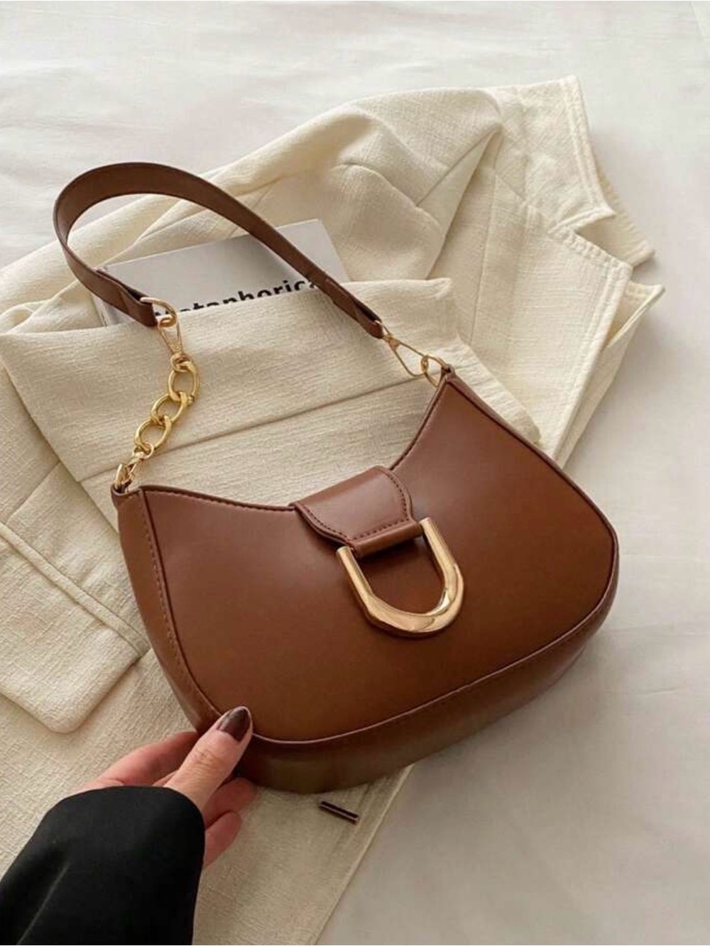 Elegant Brown Shoulder Bag with Gold Hardware
